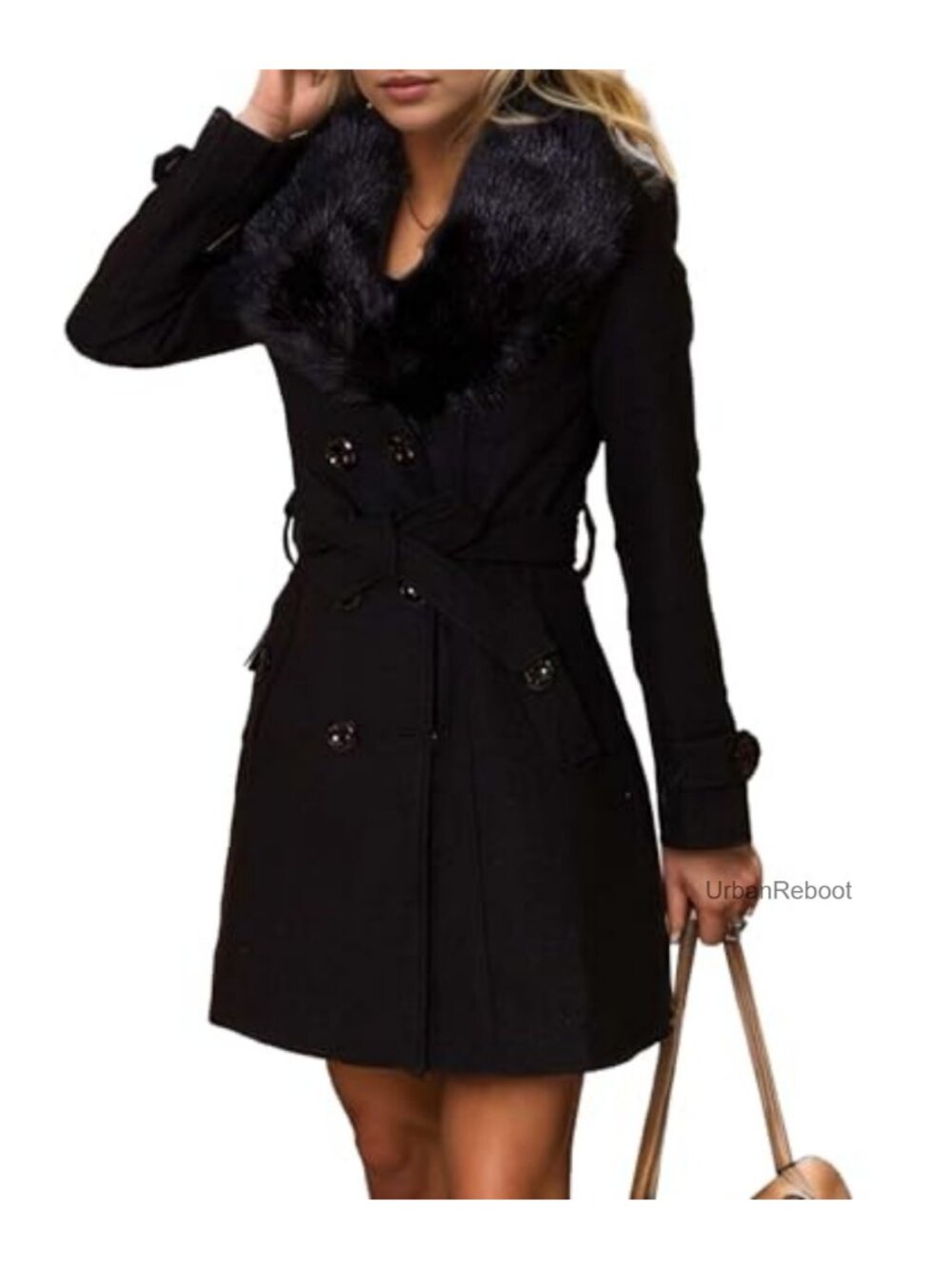 Faux Fur Collar Double Breasted Belted Wool Blend Trench Coat Peacoat